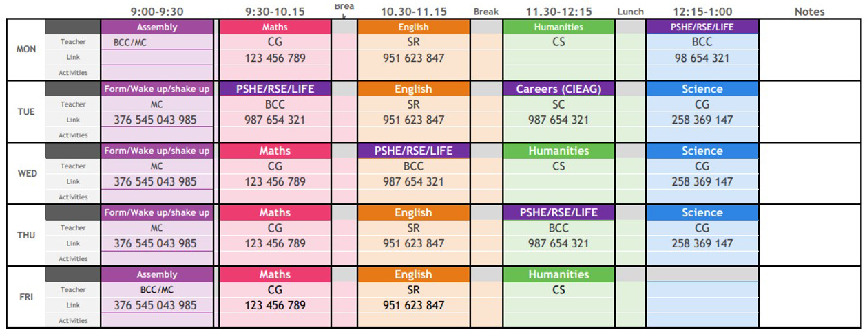 example TCES National Online School Timetable